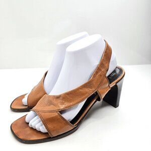 Vintage 90s Y2K Made in Italy Cognac Brown Leather Square Toe Block Heels